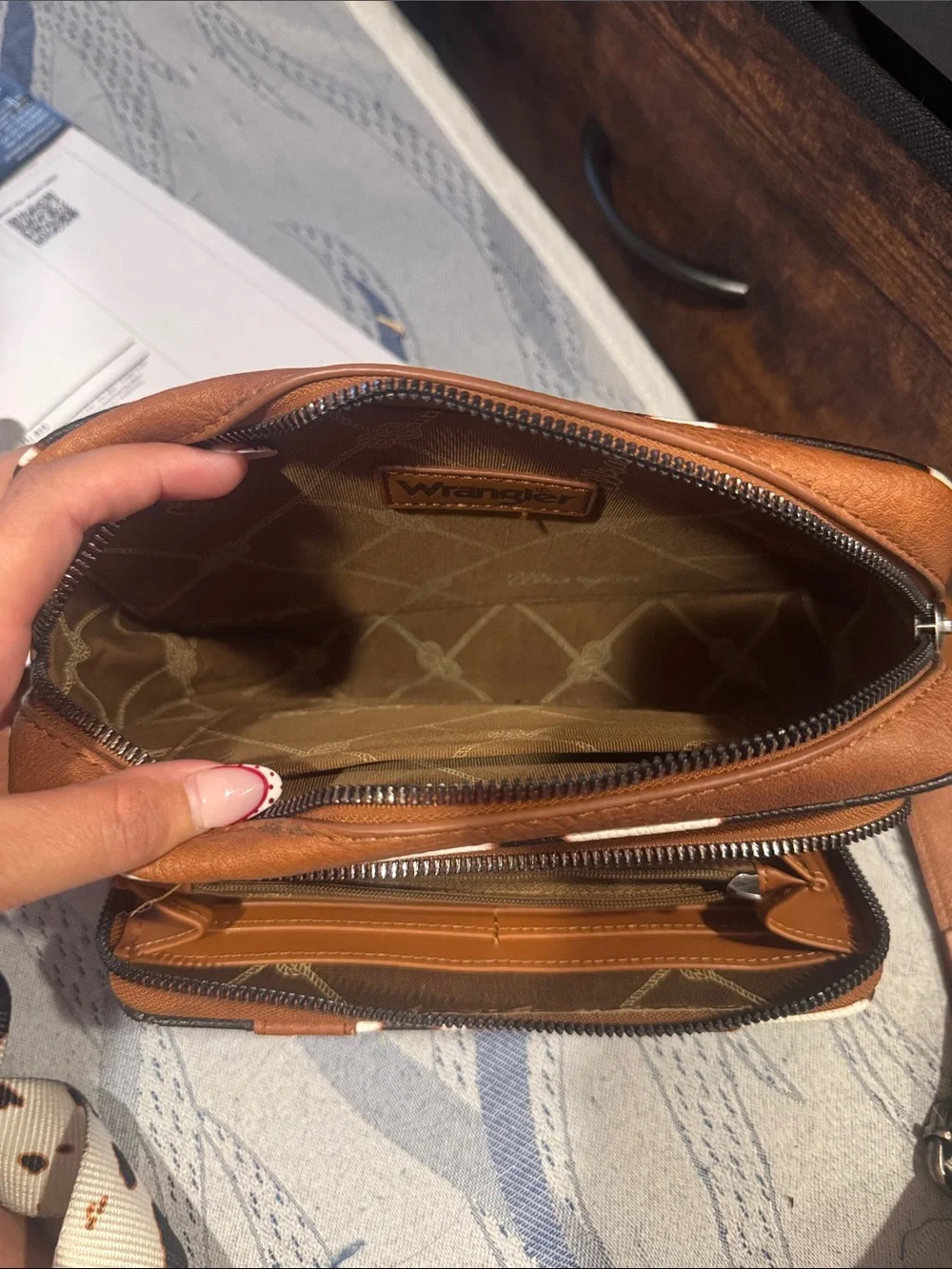 Wrangler Brown and White Cowhide-Print Messenger Bag